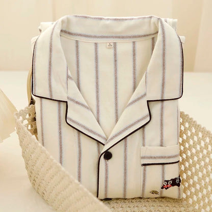 Couple Cotton Pajama Set – Striped Loungewear with Cat Embroidery