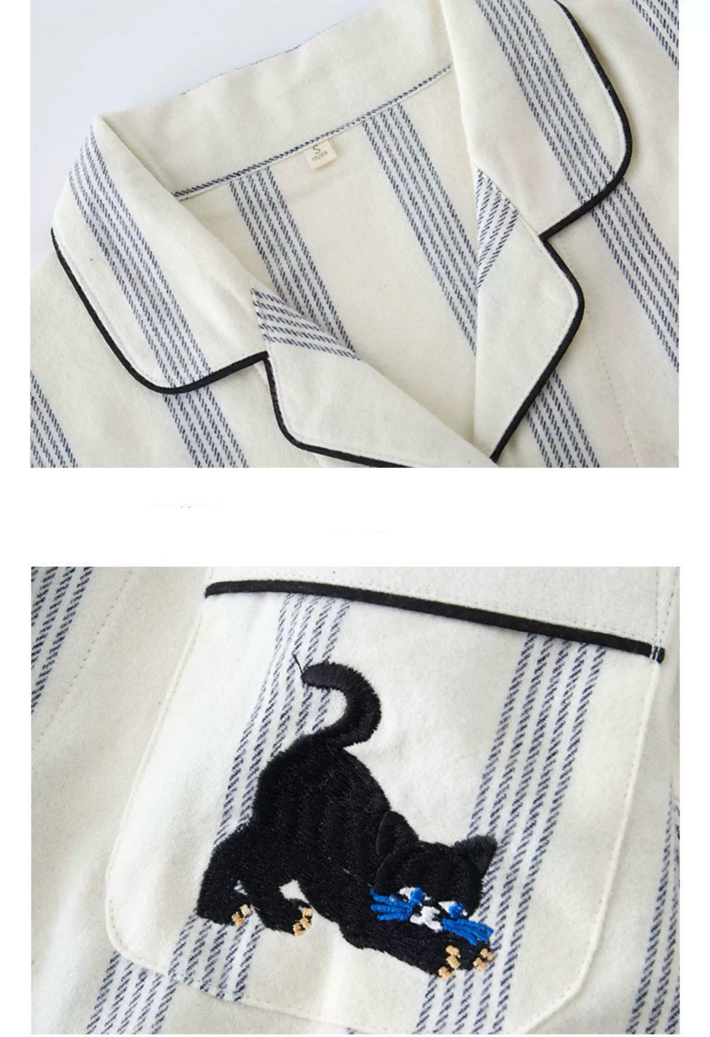 Couple Cotton Pajama Set – Striped Loungewear with Cat Embroidery