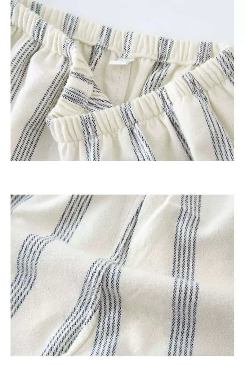 Couple Cotton Pajama Set – Striped Loungewear with Cat Embroidery