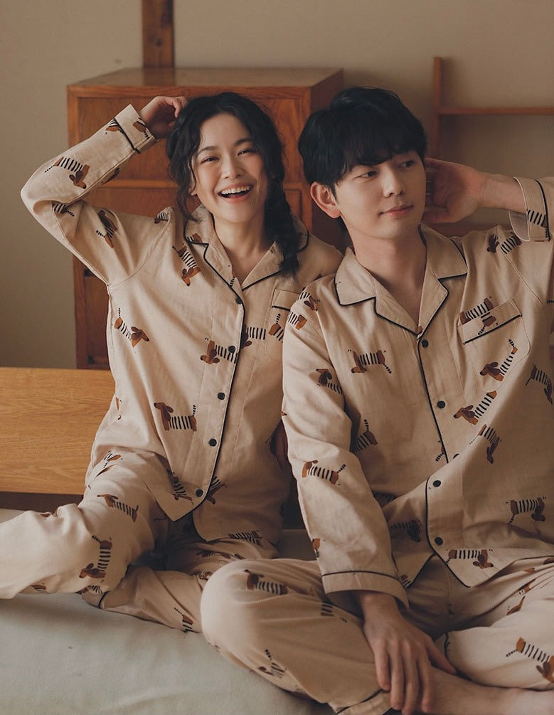 Cotton Couple Pajama Set with Dachshund Print – Matching Long Sleeve Sleepwear