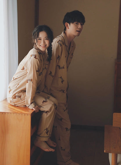 Cotton Couple Pajama Set with Dachshund Print – Matching Long Sleeve Sleepwear