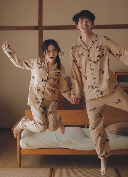 Cotton Couple Pajama Set with Dachshund Print – Matching Long Sleeve Sleepwear