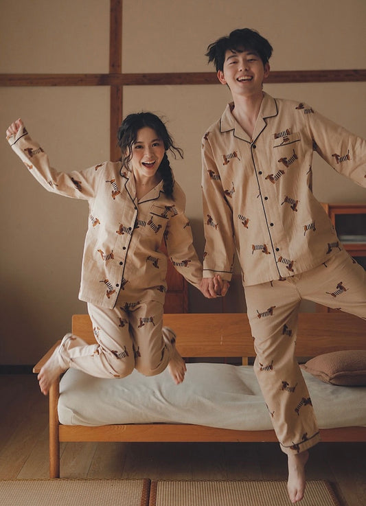 Cotton Couple Pajama Set with Dachshund Print – Matching Long Sleeve Sleepwear