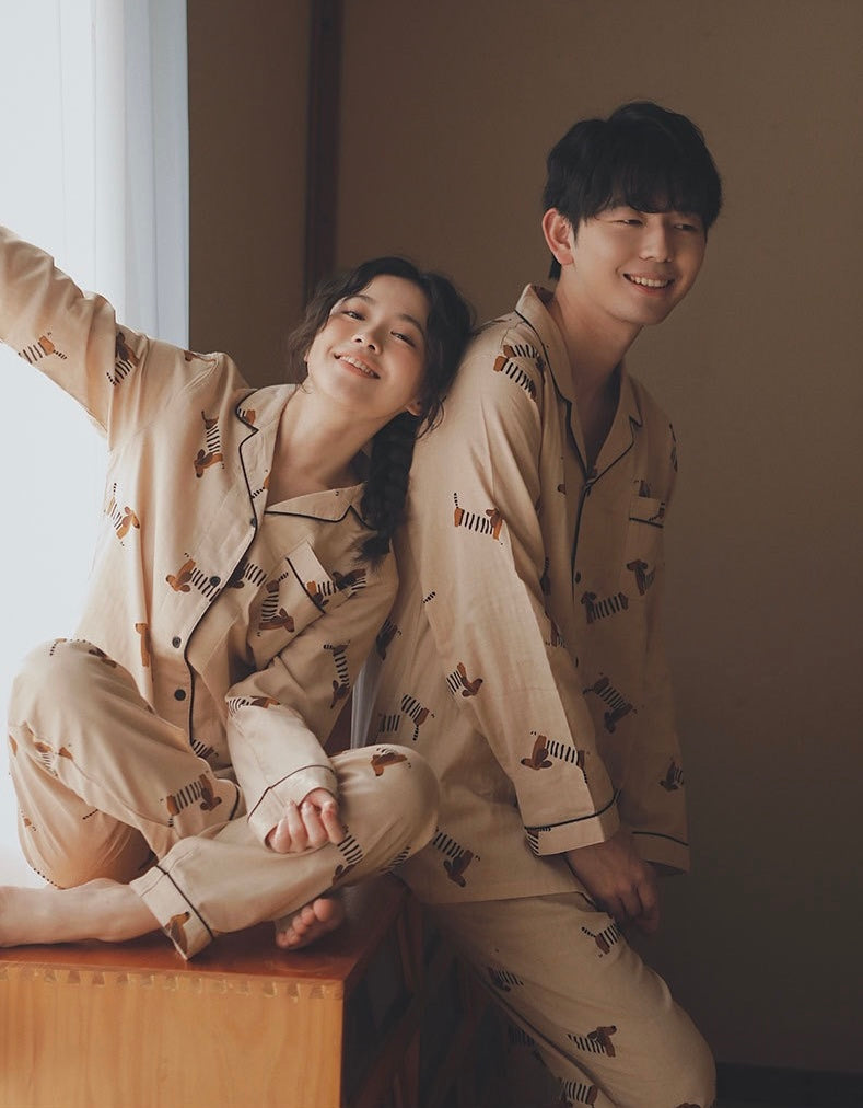 Cotton Couple Pajama Set with Dachshund Print – Matching Long Sleeve Sleepwear