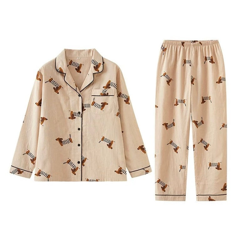 Cotton Couple Pajama Set with Dachshund Print – Matching Long Sleeve Sleepwear