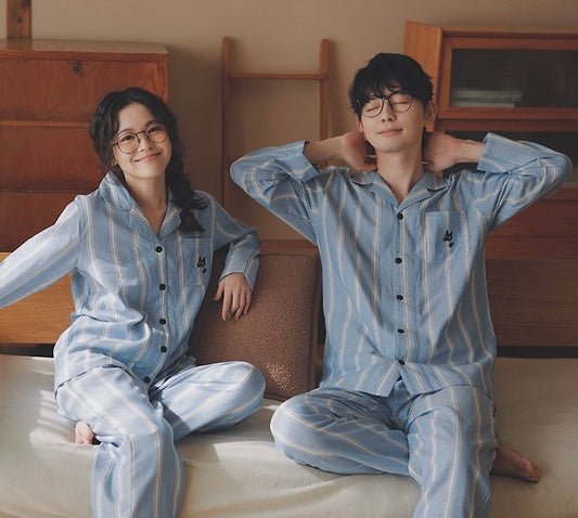 Blue Striped Cotton Couple Pajamas – Embroidered Cat Pocket Loungewear