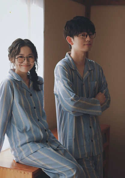 Blue Striped Cotton Couple Pajamas – Embroidered Cat Pocket Loungewear