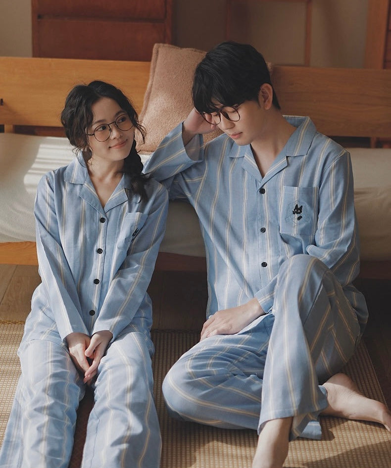 Blue Striped Cotton Couple Pajamas – Embroidered Cat Pocket Loungewear
