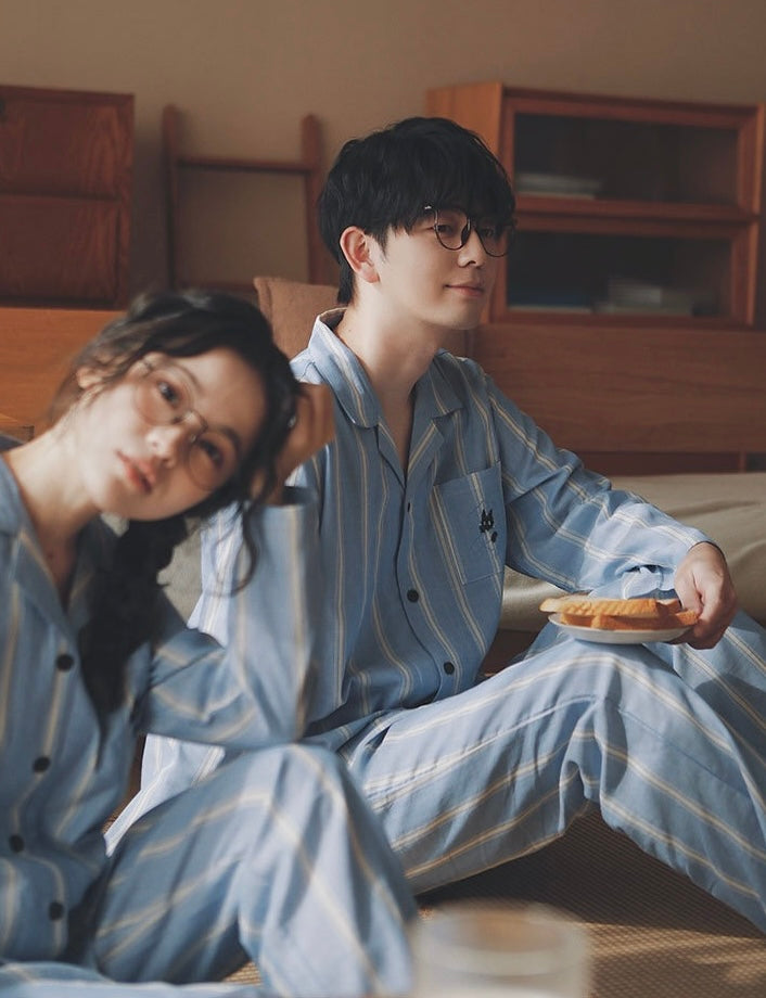 Blue Striped Cotton Couple Pajamas – Embroidered Cat Pocket Loungewear