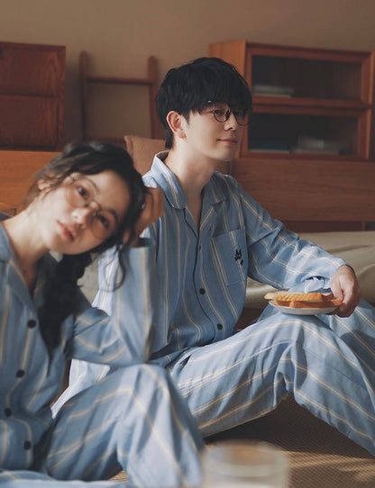 Blue Striped Cotton Couple Pajamas – Embroidered Cat Pocket Loungewear