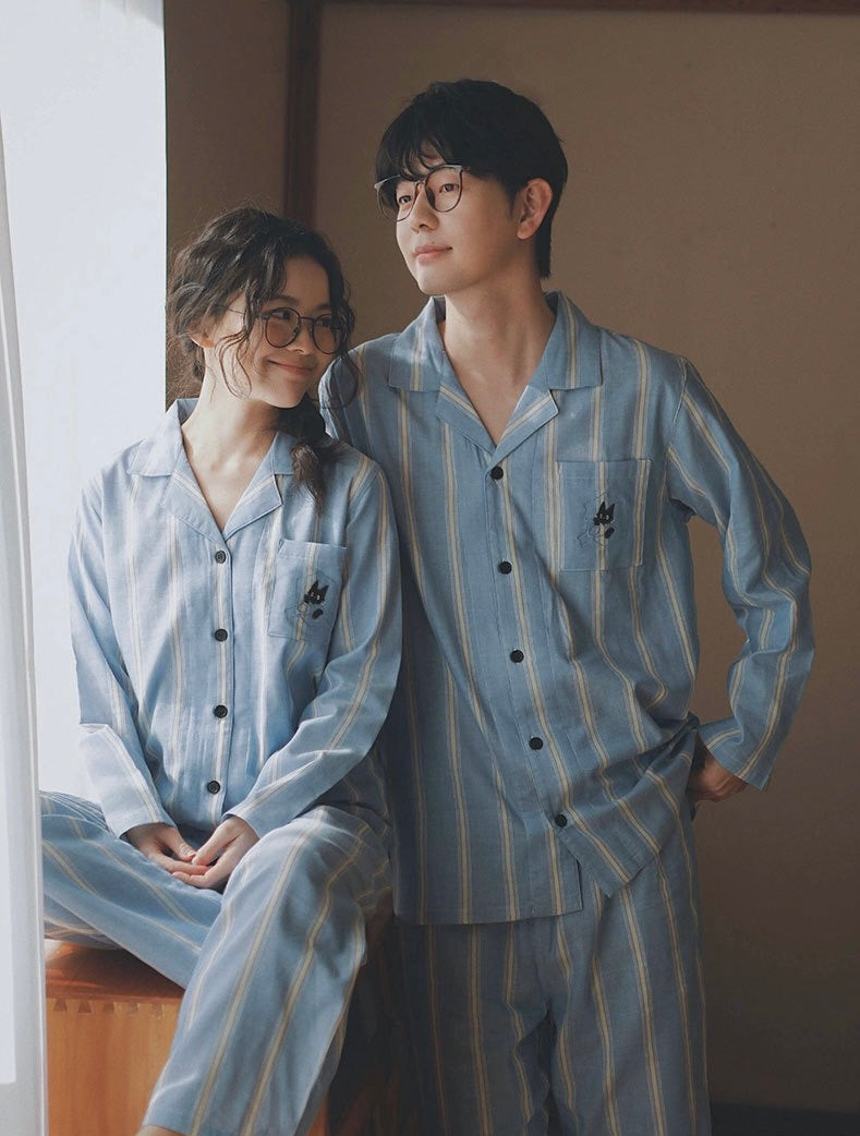Blue Striped Cotton Couple Pajamas – Embroidered Cat Pocket Loungewear