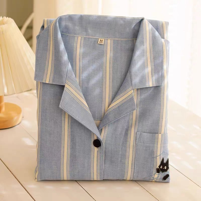 Blue Striped Cotton Couple Pajamas – Embroidered Cat Pocket Loungewear