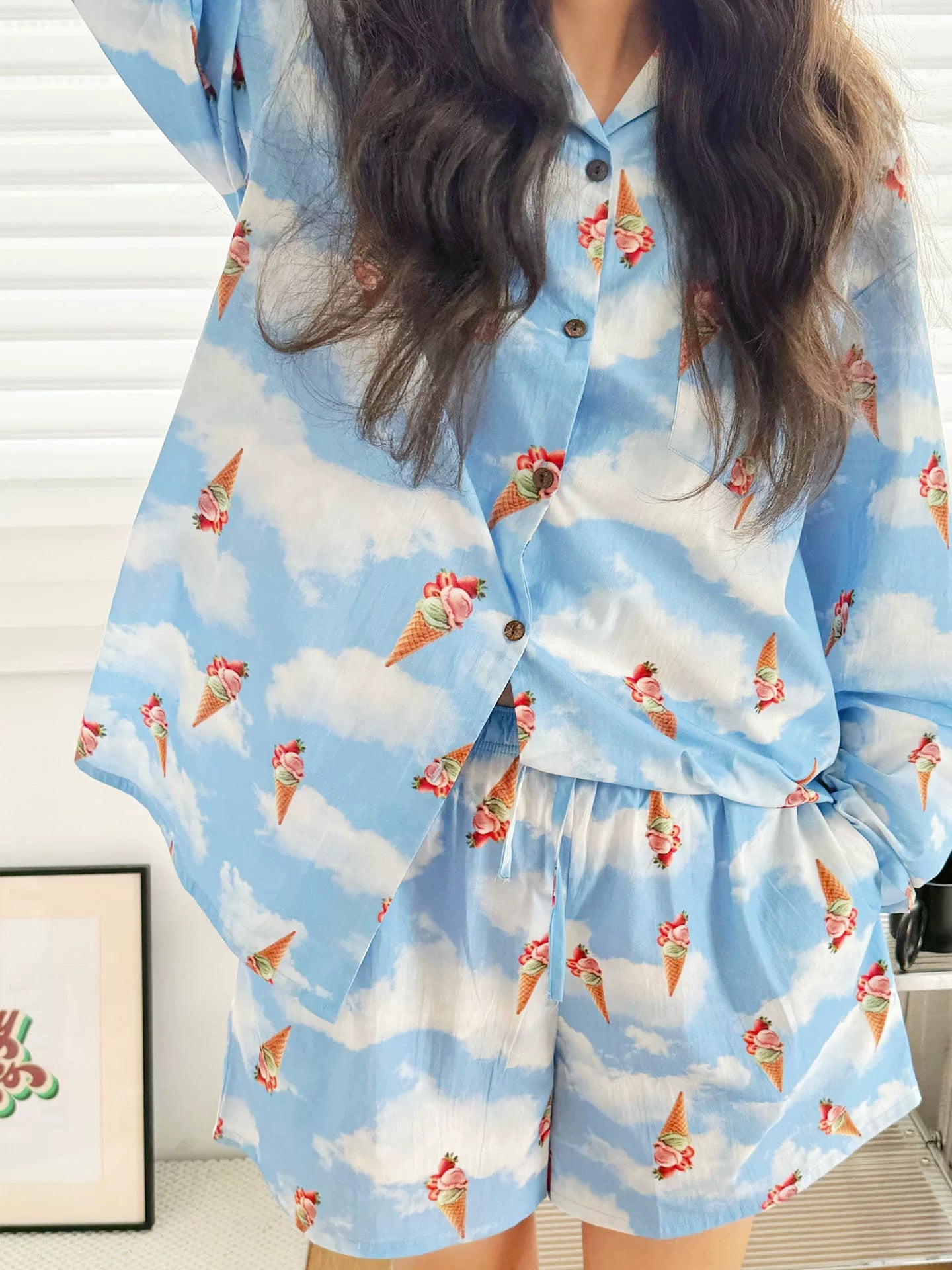 Ice Cream Print Pajama Set – Cute Cotton Loungewear for Women & Teens