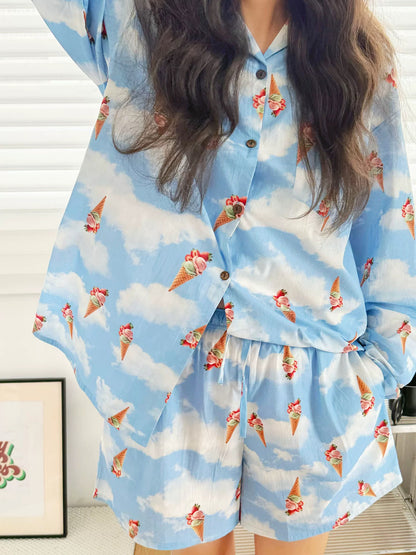 Ice Cream Print Pajama Set – Cute Cotton Loungewear for Women & Teens