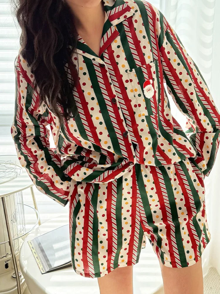Unsex Christmas Pajama Set – Red Green Striped Santa Print Sleepwear