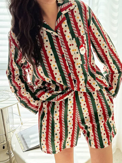 Unsex Christmas Pajama Set – Red Green Striped Santa Print Sleepwear