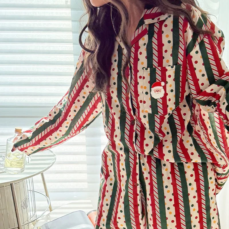Unsex Christmas Pajama Set – Red Green Striped Santa Print Sleepwear