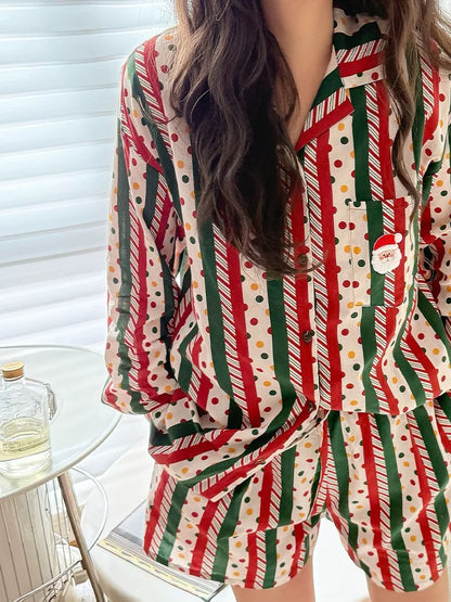 Unsex Christmas Pajama Set – Red Green Striped Santa Print Sleepwear