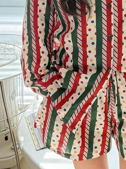 Unsex Christmas Pajama Set – Red Green Striped Santa Print Sleepwear