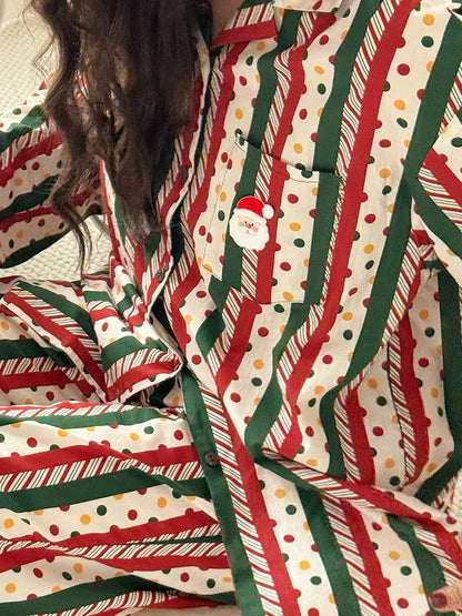 Unsex Christmas Pajama Set – Red Green Striped Santa Print Sleepwear