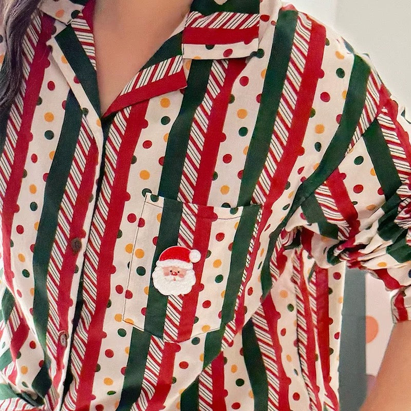 Unsex Christmas Pajama Set – Red Green Striped Santa Print Sleepwear