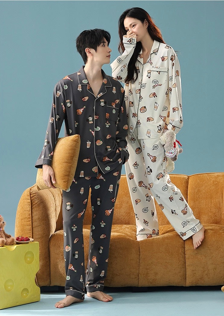 Cartoon Print Cotton Pajamas Set for Couples – Cozy Homewear Loungewear