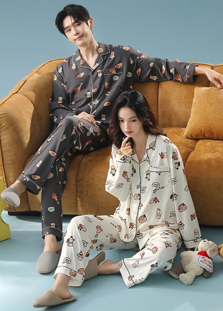 Cartoon Print Cotton Pajamas Set for Couples – Cozy Homewear Loungewear