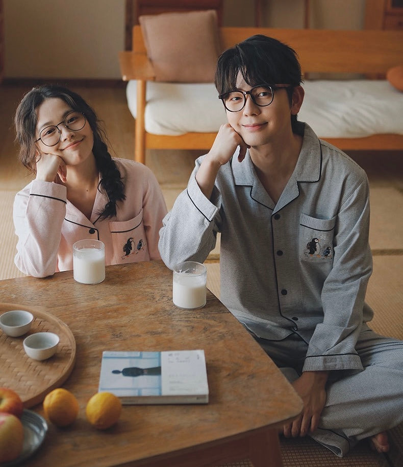 Couple Pajamas Set Winter Cotton | Cozy Penguin Embroidery Sleepwear
