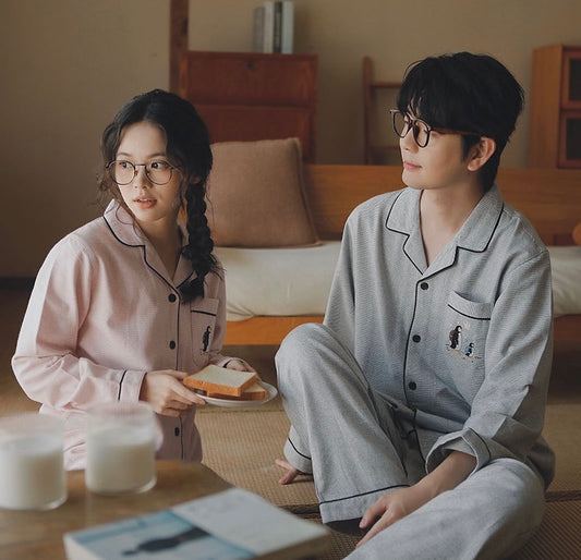Couple Pajamas Set Winter Cotton | Cozy Penguin Embroidery Sleepwear