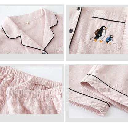 Couple Pajamas Set Winter Cotton | Cozy Penguin Embroidery Sleepwear