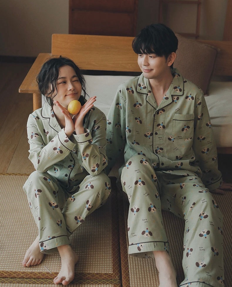 Couple Pajamas Set – Cotton Blue Hat Dog Print Loungewear | Cozy Fall Winter Sleepwear
