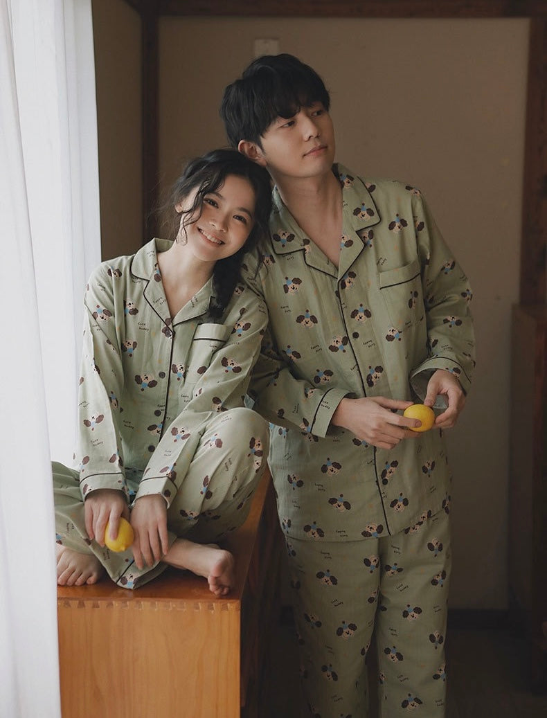 Couple Pajamas Set – Cotton Blue Hat Dog Print Loungewear | Cozy Fall Winter Sleepwear