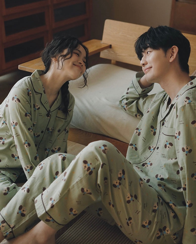 Couple Pajamas Set – Cotton Blue Hat Dog Print Loungewear | Cozy Fall Winter Sleepwear