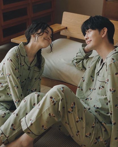 Couple Pajamas Set – Cotton Blue Hat Dog Print Loungewear | Cozy Fall Winter Sleepwear