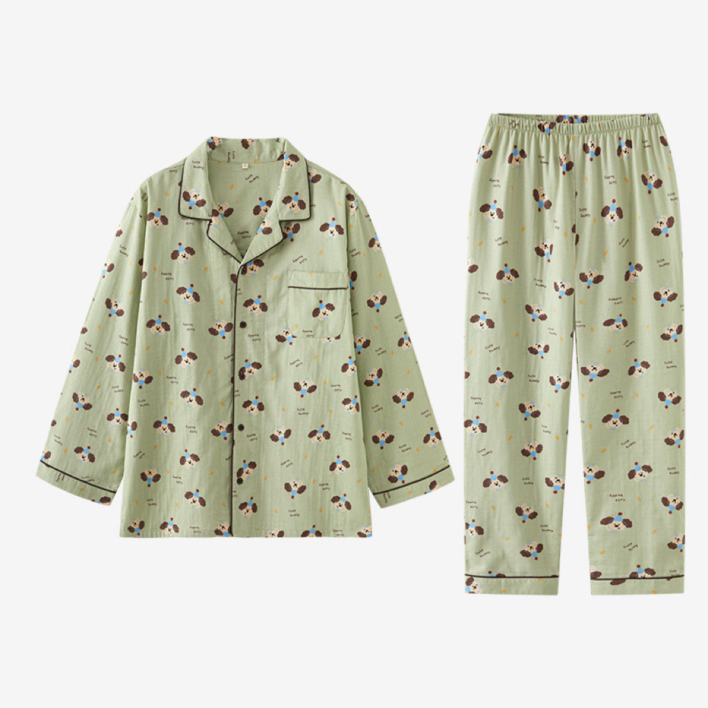 Couple Pajamas Set – Cotton Blue Hat Dog Print Loungewear | Cozy Fall Winter Sleepwear