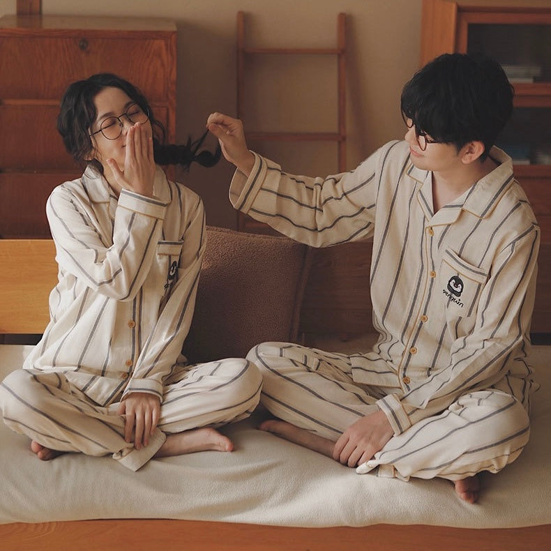Penguin Embroidered Couple Pajamas – Soft Cotton Striped Loungewear Set