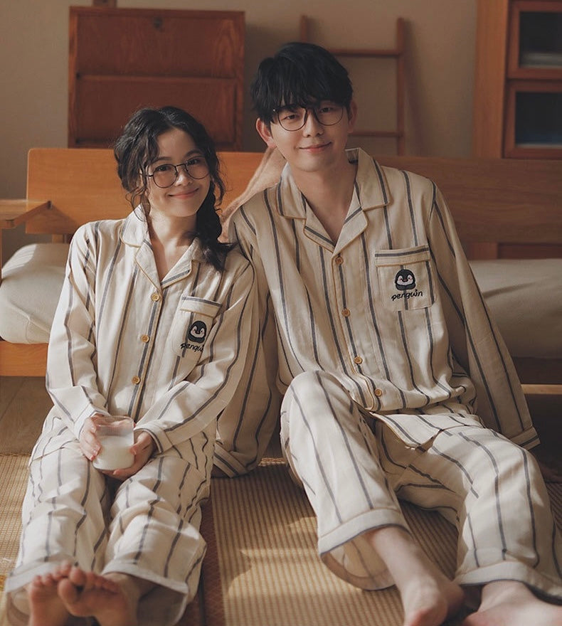 Penguin Embroidered Couple Pajamas – Soft Cotton Striped Loungewear Set