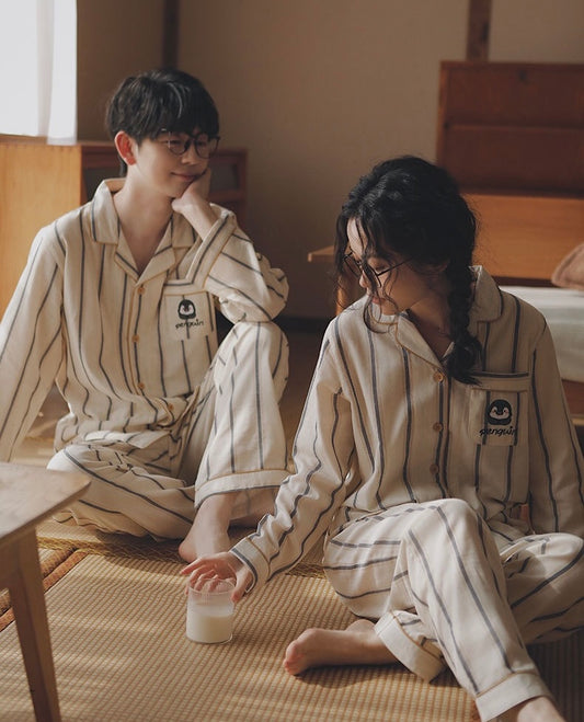 Penguin Embroidered Couple Pajamas – Soft Cotton Striped Loungewear Set