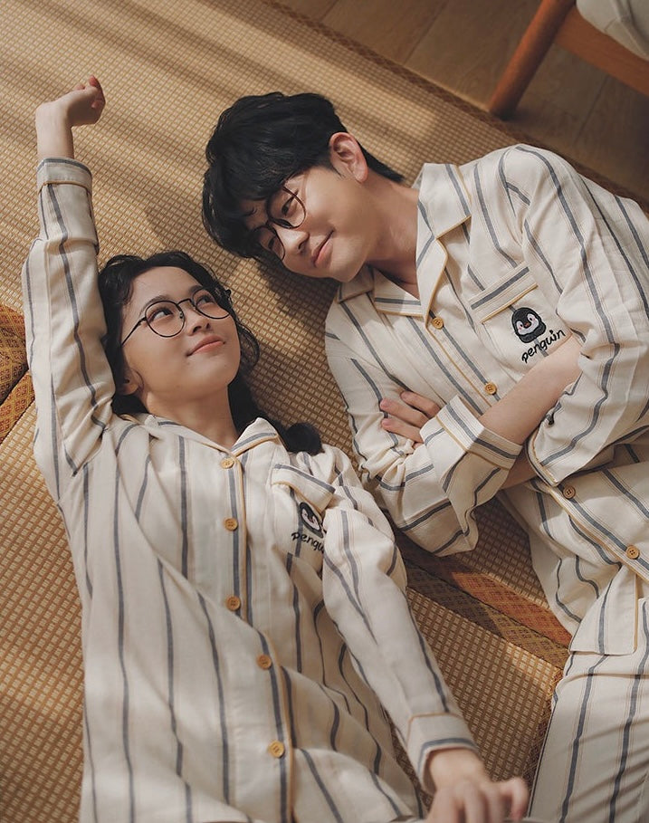 Penguin Embroidered Couple Pajamas – Soft Cotton Striped Loungewear Set