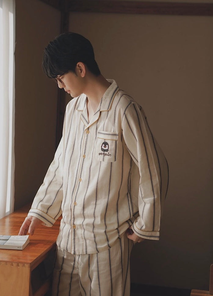 Penguin Embroidered Couple Pajamas – Soft Cotton Striped Loungewear Set