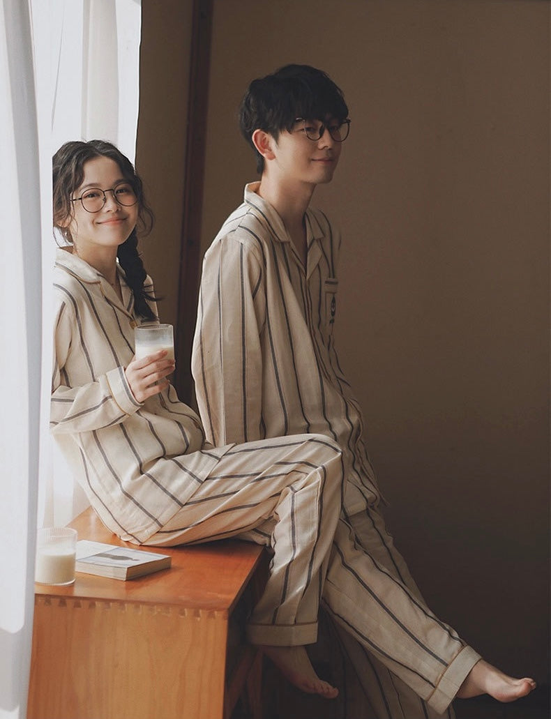 Penguin Embroidered Couple Pajamas – Soft Cotton Striped Loungewear Set