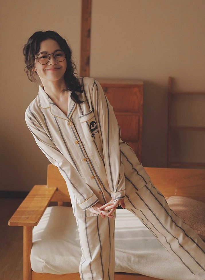 Penguin Embroidered Couple Pajamas – Soft Cotton Striped Loungewear Set