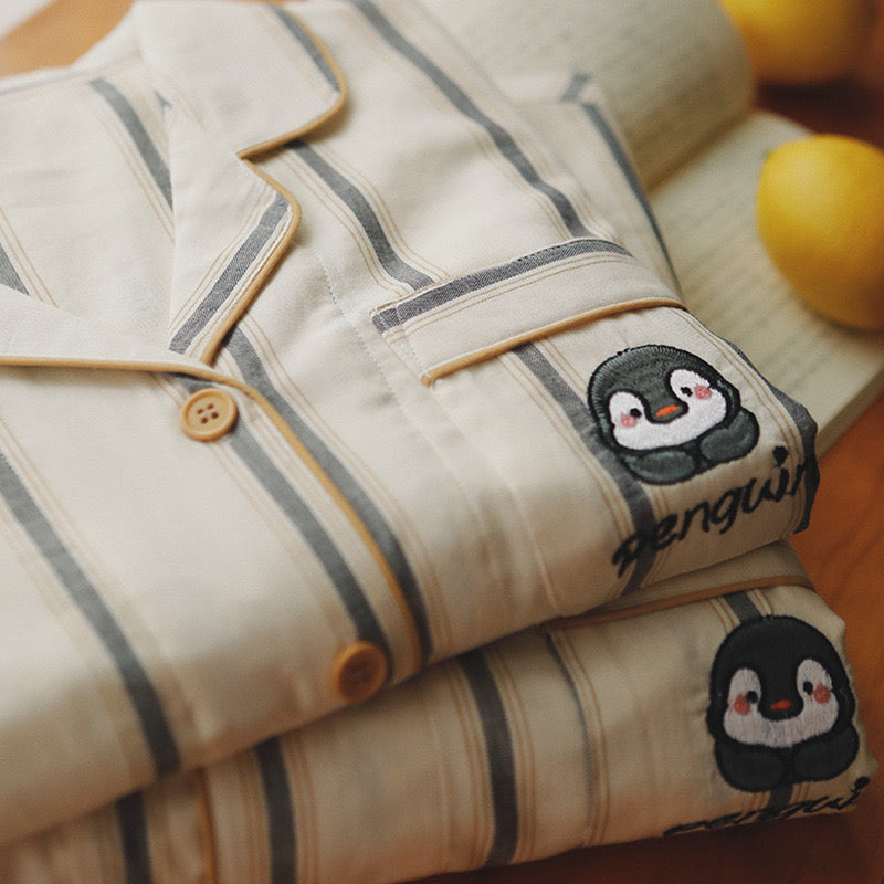 Penguin Embroidered Couple Pajamas – Soft Cotton Striped Loungewear Set