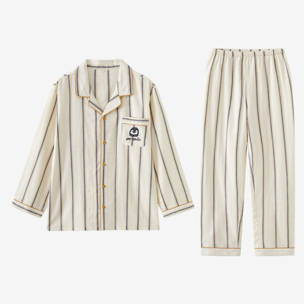 Penguin Embroidered Couple Pajamas – Soft Cotton Striped Loungewear Set