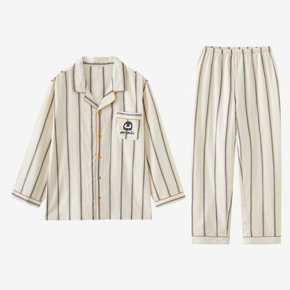 Penguin Embroidered Couple Pajamas – Soft Cotton Striped Loungewear Set