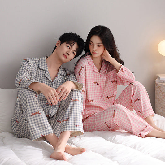 Couple Plaid Pajama Set – Cozy Cotton Sleepwear with Sausage Dog Print