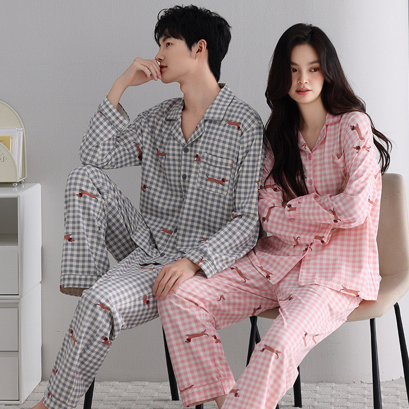 Couple Plaid Pajama Set – Cozy Cotton Sleepwear with Sausage Dog Print