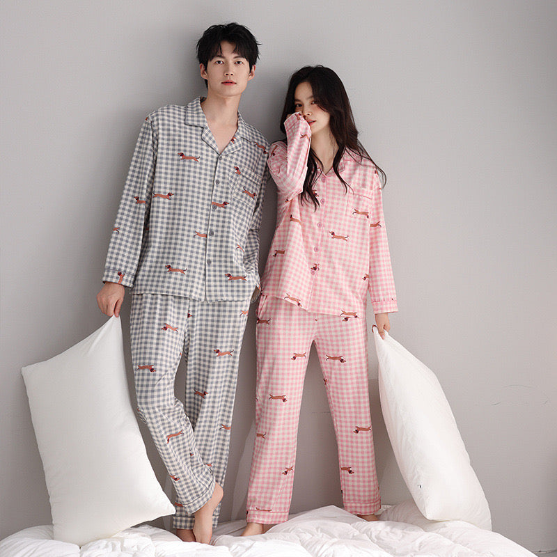 Couple Plaid Pajama Set – Cozy Cotton Sleepwear with Sausage Dog Print