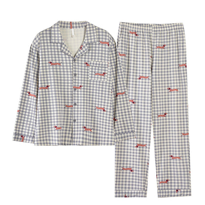 Couple Plaid Pajama Set – Cozy Cotton Sleepwear with Sausage Dog Print