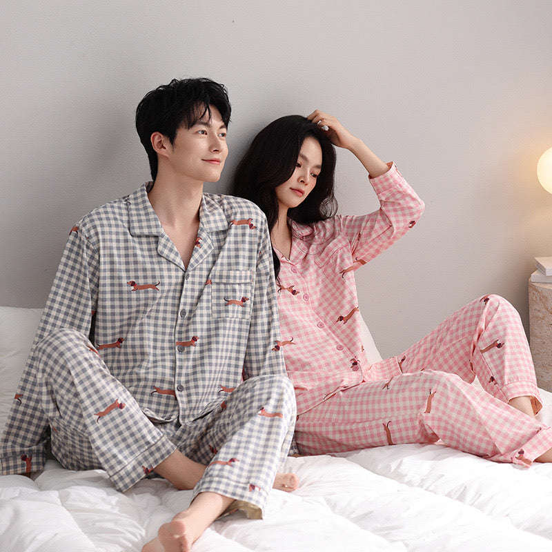 Couple Plaid Pajama Set – Cozy Cotton Sleepwear with Sausage Dog Print